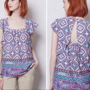 Anthropologie Meadow Rue Tile Print Flutter Sleeve Cut-Out Top size 2 XS